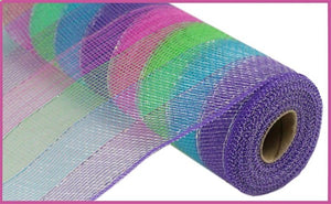 Deco Foil Stripe Mesh Ribbon: Fuchsia Pink, Purple, Lime Green, Turquoise Blue  - 10 Inches x 10 Yards (30 Feet)