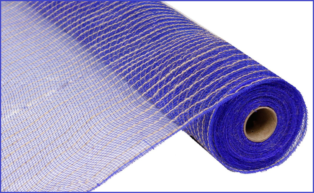 Poly Jute Deco Mesh Ribbon : Royal Blue Natural Beige - 21 Inches x 10 Yards (30 Feet)