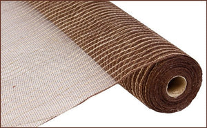 Poly Jute Deco Mesh Ribbon : Chocolate Brown Natural Beige - 21 Inches x 10 Yards (30 Feet)