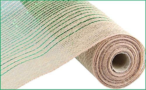 Ombre Metallic and Natural Mesh Ribbon: Emerald Green Jute Beige - 21 inches x 10 yards (30 feet)