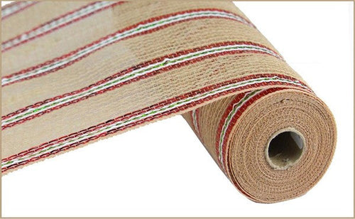 Jute with Foil Stripe Deco Mesh Ribbon : Red Green White - 21 Inches x 10 Yards (30 Feet)