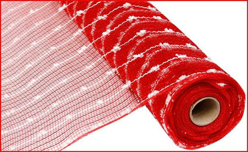 Snowball Deco Mesh Ribbon : Red White - 21 Inches x 10 Yards (30 Feet)