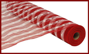 Poly Foil Snowball Deco Mesh Ribbon : Red White - 21 Inches x 10 Yards (30 Feet)
