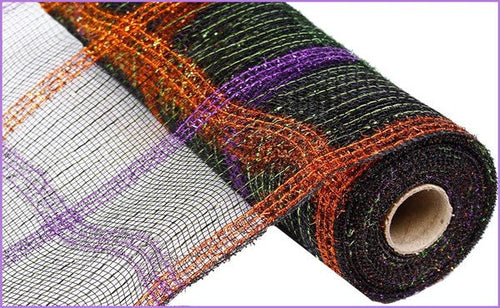 Tinsel Foil Stripe Check Deco Mesh Ribbon : Black Orange Purple Lime - 21 Inches x 10 Yards (30 Feet)