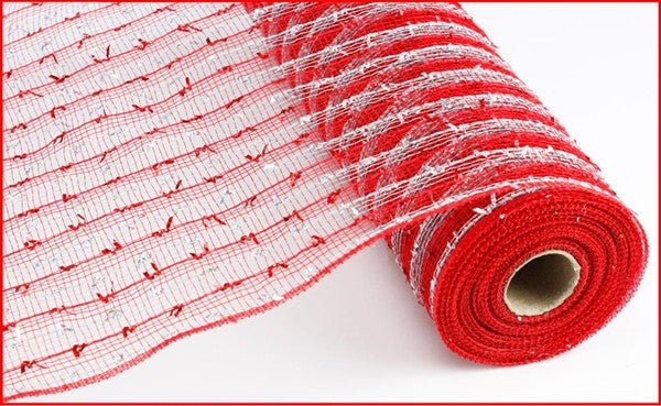 Laser Foil Mesh Ribbon : Red Silver -  21 Inches x 10 Yards (30 Feet)