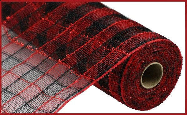 Tinsel Faux Jute Check Deco Mesh Ribbon : Black Red - 21 Inches x 10 Yards (30 Feet)