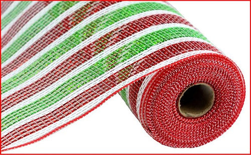 Laser Foil Stripe Mesh Ribbon : White Red Green - 21 Inches x 10 Yards (30 Feet)