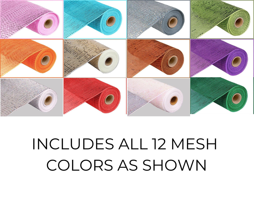 Metallic Deco Poly Mesh, Set of 12 High Quality Deco Mesh, Brand New Starter Set, 10 Inch, Basic Colors, Beginner Wreaths