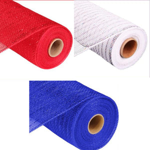 4th of July Mesh Kit,  Set of 3 Deco Mesh, 10 Inches x 10 Yards (30 Feet) Craft Supply, Solid Color, Deco Poly Mesh