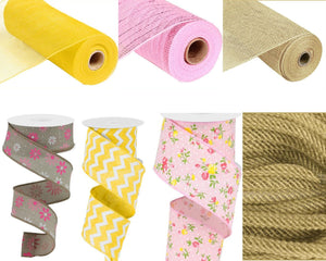 Spring Wreath Materials, Pink Yellow Wreathing Kit, Brand New Craft Supply Handmade 10 In x 10 Yd (30ft) Coordinating Wreath Mesh