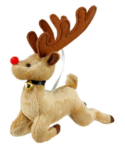 7.25" Felt Reindeer Ornament: Set of 12 | Plush Brown Red | Brown Loop Hanger Attached