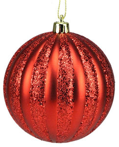 Vertical Stripe Ornament Round Matte Ball: Red 4 Inch (100 mm) Wide : Dozen Pack 12 - Gold Loop Hanger Attached
