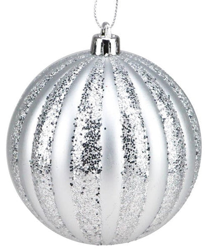 Vertical Stripe Ornament Round Matte Ball: Silver 4 Inch (100 mm) Wide : Dozen Pack 12 - Gold Loop Hanger Attached
