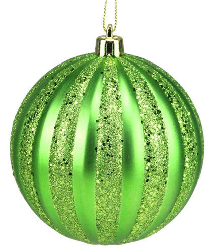 Vertical Stripe Ornament Round Matte Ball: Lime Green 4 Inch (100 mm) Wide : Dozen Pack 12 - Gold Loop Hanger Attached