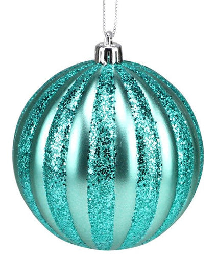 Vertical Stripe Ornament Round Matte Ball: Turquoise Blue 4 Inch (100 mm) Wide : Dozen Pack 12 - Gold Loop Hanger Attached