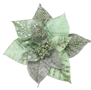 Sage Green Silver Metallic Velvet Christmas Floral Pick with Clip (9" Diameter)