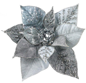 Blue Grey Silver Metallic Velvet Christmas Floral Pick with Clip (9" Diameter)