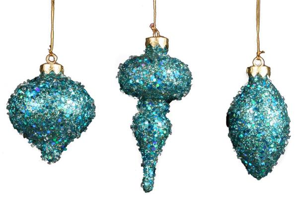 Three Glitter Bead Ornaments : Aqua Blue 