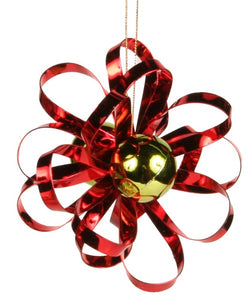 Metal Bow Shiny Ornament: Red Lime Green - Pack 6 - Gold Loop Hanger Attached - 4 Inches Diameter