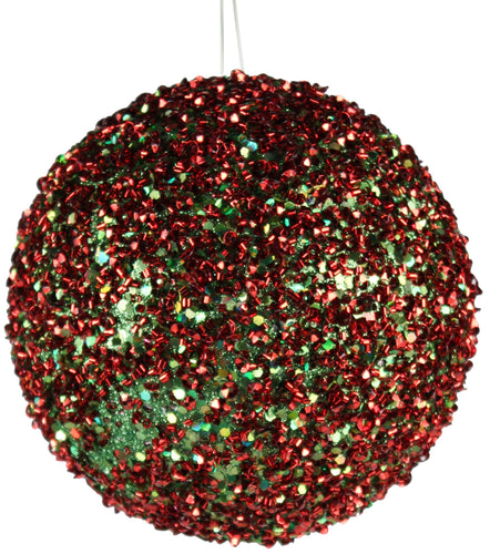 Round Ball Glitter Ornament: Red Green 3 Inches (80 mm) Wide - Dozen Pack 12 - Gold Loop Hanger Attached