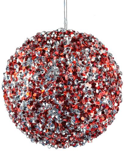 Round Ball Glitter Ornament: Red Silver 3 Inches (80 mm) Wide - Dozen Pack 12 - Gold Loop Hanger Attached
