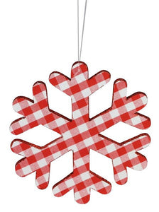 8" Diameter Snowflake Fabric Glitter Ornament: Buffalo Check Plaid Red White - Dozen Pack 12 - White Loop Hanger Attached