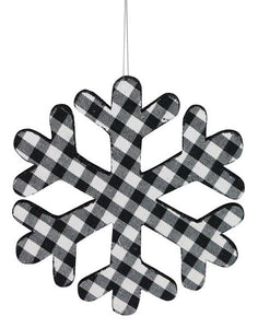 8" Diameter Snowflake Fabric Glitter Ornament: Buffalo Check Plaid Black White - Dozen Pack 12 - White Loop Hanger Attached