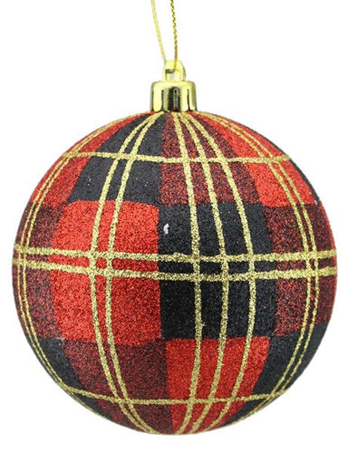 Round Ball Glitter Ornament: Plaid Red Burgundy Black Gold 4 Inches (100 mm) Wide  - Dozen Pack 12 - Gold Loop Hanger Attached