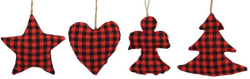 Buffalo Plaid Ornament - Assorted Pack of 12 - Red Black Star Heart Angel Tree 4