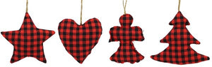 Buffalo Plaid Ornament - Assorted Pack of 12 - Red Black Star Heart Angel Tree 4" H with Gold Loop Hanger