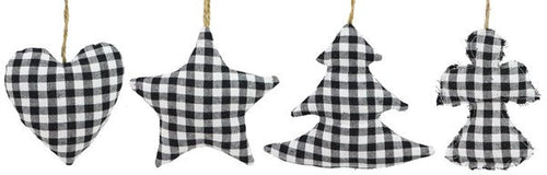 Buffalo Check Ornament - Assorted Pack of 12 - White Black Star Heart Angel Tree 4