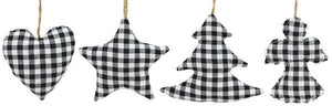 Buffalo Check Ornament - Assorted Pack of 12 - White Black Star Heart Angel Tree 4" H with Jute Loop Hanger