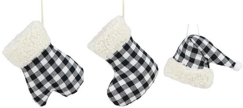 Buffalo Plaid Ornament - Assorted Pack of 12 - White Black Hat Stocking Mitten 3.75