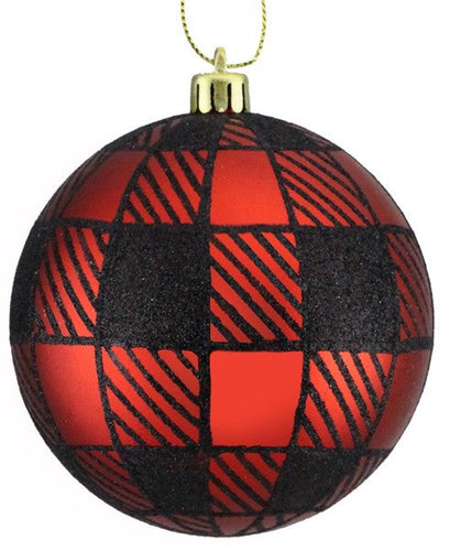 Round Ball Glitter Ornament: Red Black Buffalo Plaid 4 Inches (100 mm) Wide - Dozen Pack 12 - Gold Loop Hanger Attached